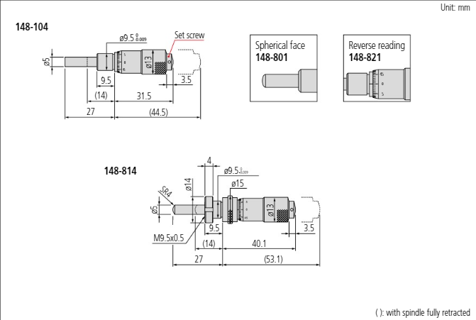 Micrometer Head, Carbide Tipped Spindle Standard Type, 0-0,5", 0,001", Spherical, with Clamp Nut 149-812-10