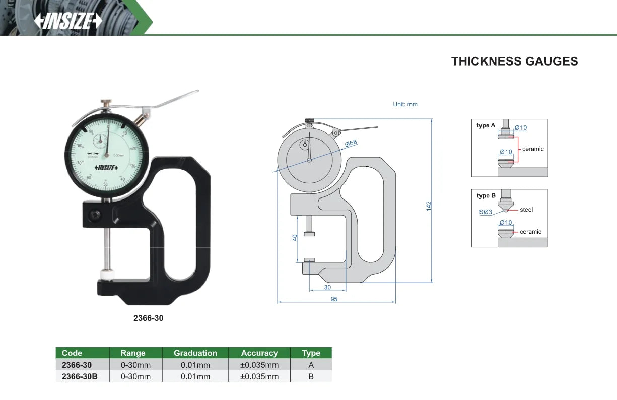 insize dial Indicator Thickness Gauge, Standard, 0-30mm x .01mm 2366-30