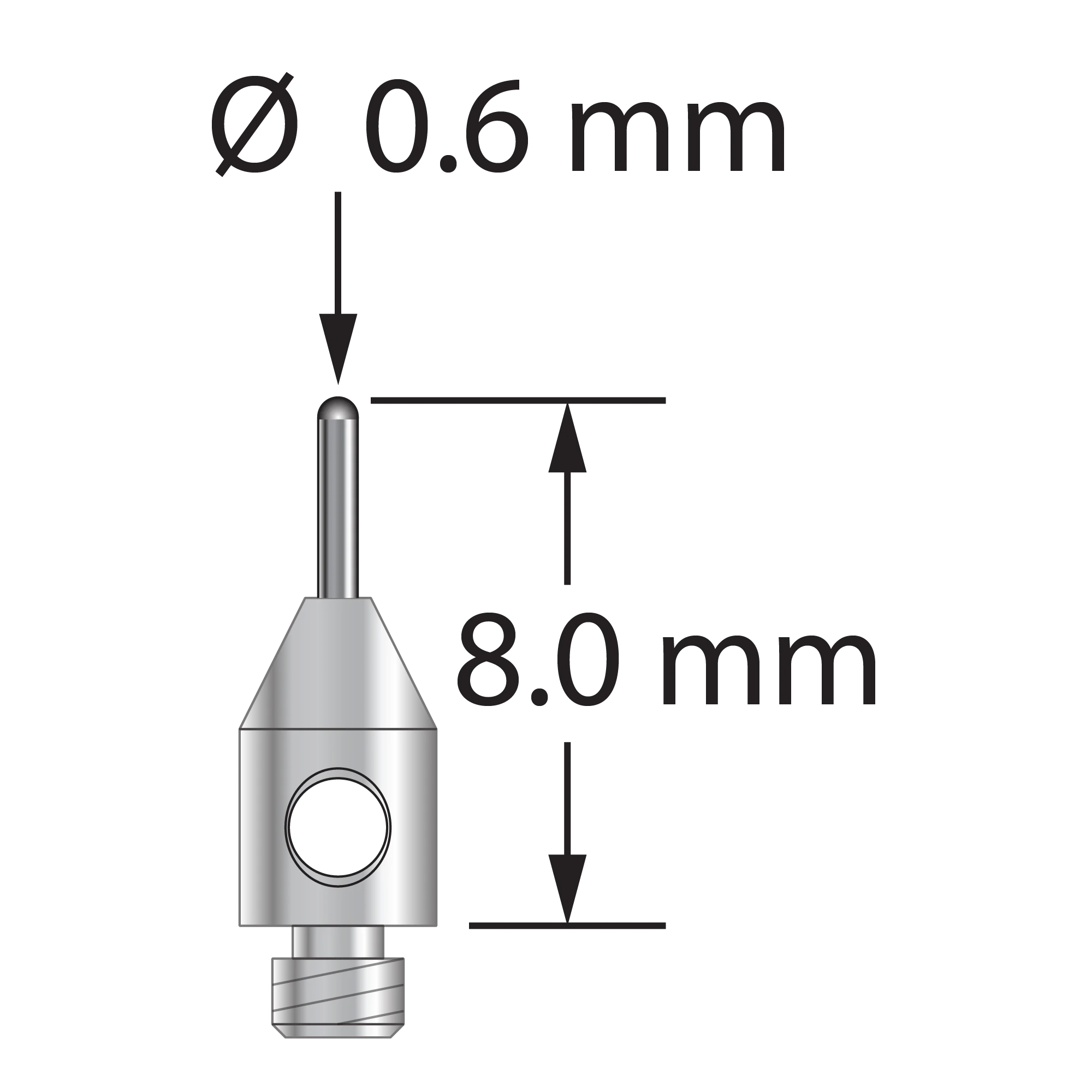 TM2-0608-BC M2 stylus with 0.6 mm diameter carbide cylinder and 3.0 mm diameter x 5.0 mm long stainless steel base. Overall stylus length is 8.0 mm