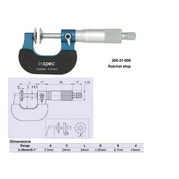 Inspec Disc Micrometer Range 0-25 grad .01mm anvils 20mm Item number 200-21-000
