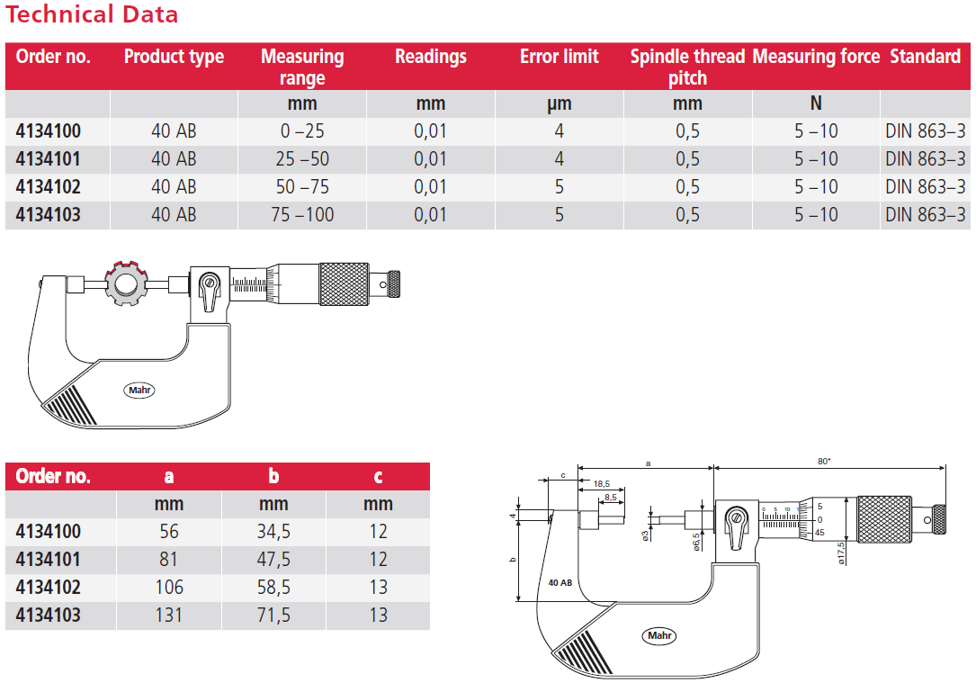Mahr 40AB Mechanical Spline Micrometers Microbar With Reduced measuring faces Range 25-50mm x .01mm, 4134101
