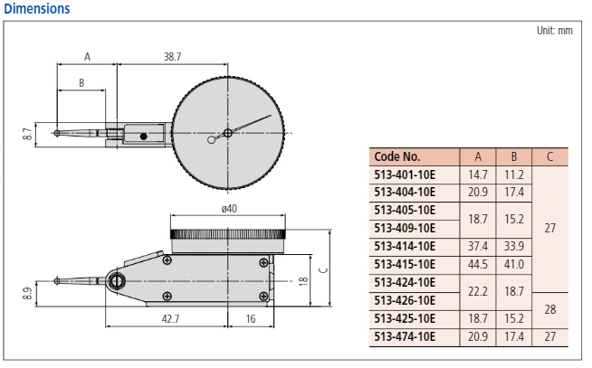 Lever-Type Dial Indicator 0.8mm 0.01mm Ø40mm 513-404-10E