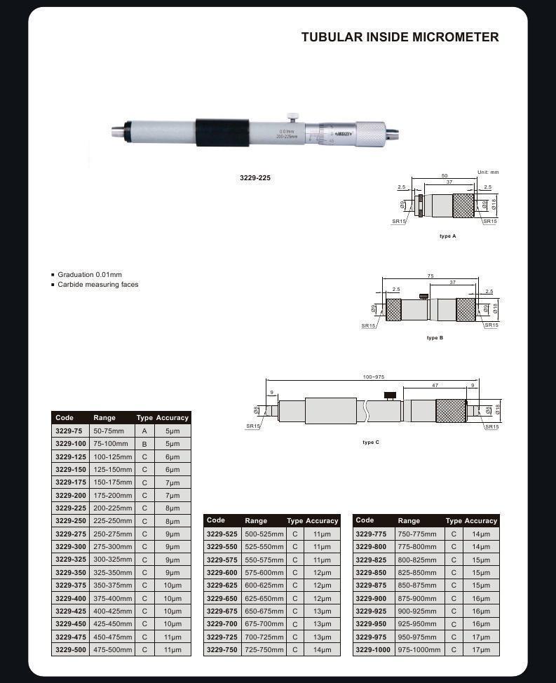 Insize Tubular Inside Micrometers 3229-300 range 275-300mm Graduation .01mm