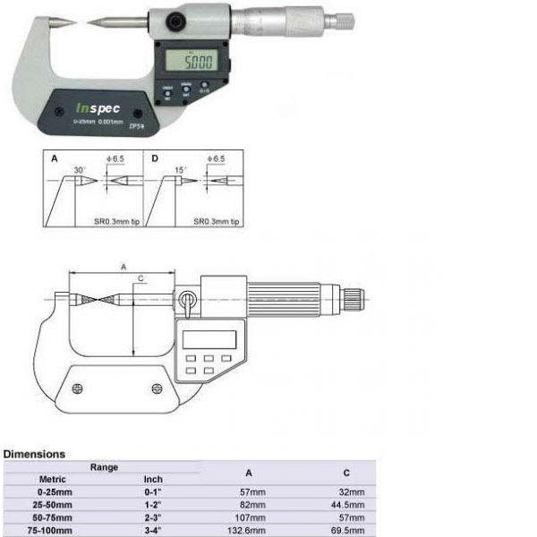 Inspec Digital point micrometer 15°, Code 232-41-410 Range 0-1"/0-25mm resolution .001mm/.00005"