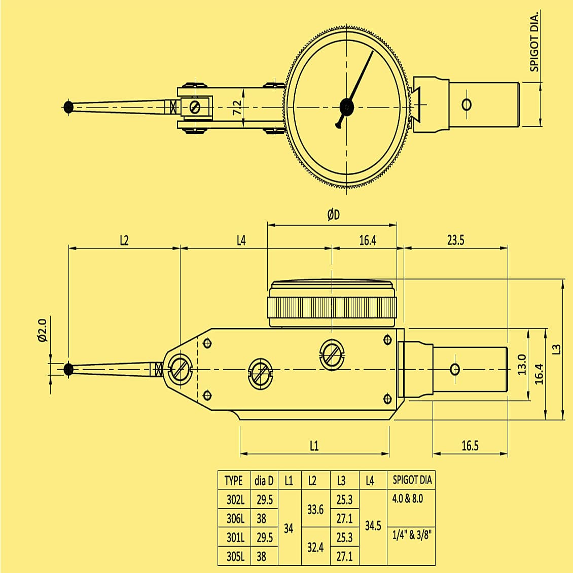 BAKER 302 LEVER TYPE DIAL GAUGE (0.01 MM L.C., 0.8 MM RANGE), WITHOUT ACCESSORIES, 29 MM BEZEL DIA