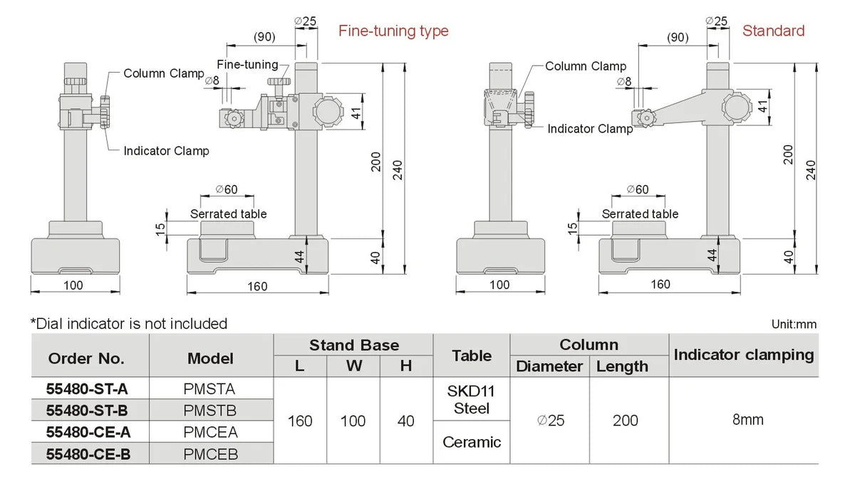 PMSTB Precision Comparator Stand Serrated anvil SKD11 Steel 160 x100 x40mm Column 25mm x 200mm Indicator clamping 8mm
