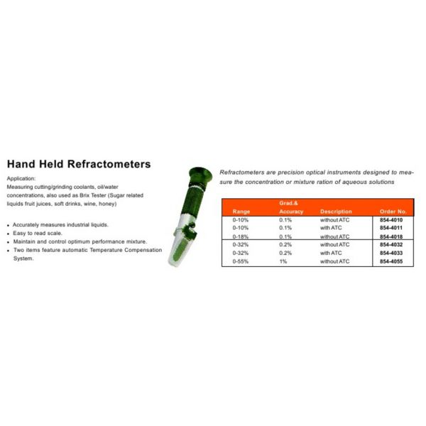 MHC 854-4033 Refractrometer RHB-32ATC, Range 0-32%, Grad. 0.2%, ATC