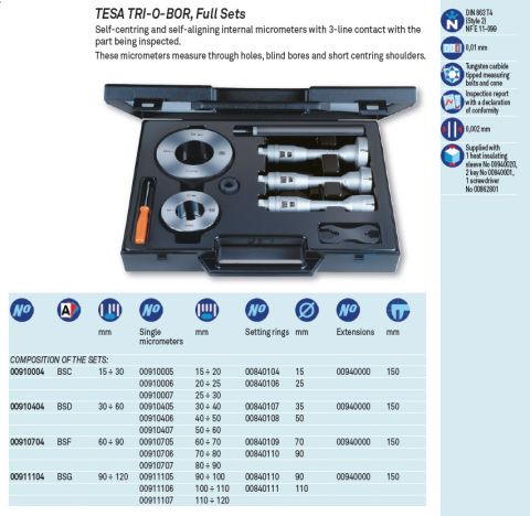 Tesa 00911104 TRI-0-BOR Bore Micrometer Full Set 90-120mm