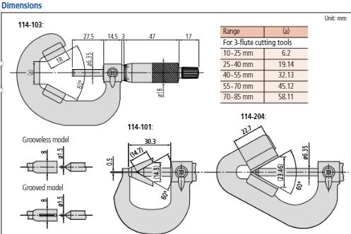 Mitutoyo 3 Flute V-Anvil Micrometer 25-40mm 114-103