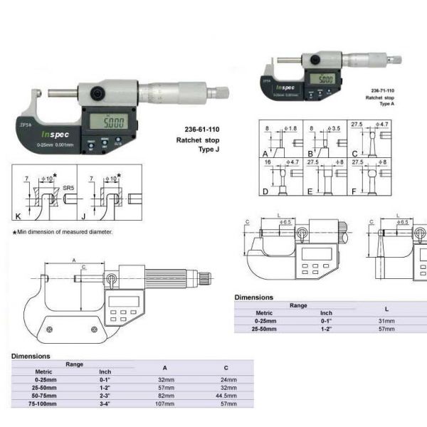 Inspec Tube Micrometer 0-1"/0-25mm x .00005"/.001mm Code 236-61-100 Spherical Anvil & Flat Spindle