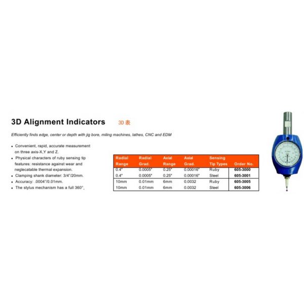 MHC 605-3005 3-D gauge w/ruby Point Radial 0-10mm/0.01, Axial 0- 6mm/0.0032