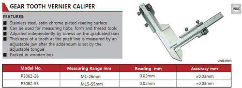 P3062-26 Gear Tooth Caliper M1-26mm, Jaw Size