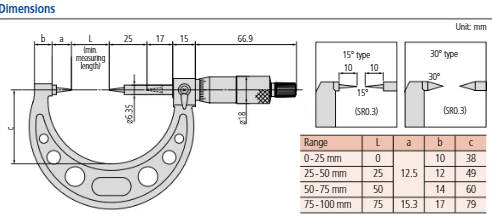Point Micrometer with Hardened Tip 0-25mm, 30° Tip 112-201