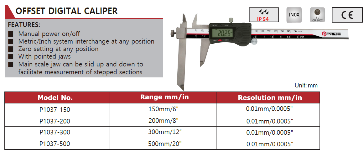 P1037-150 Offset Digital Caliper 150mm/6", Jaw Size 40mm