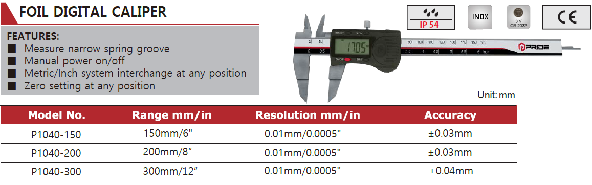 P1040-150 Foil Digital Caliper 150mm/6", Jaw Size 40mm