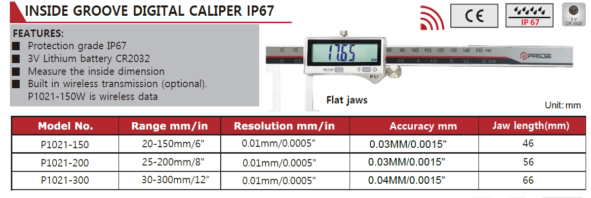 P1021-150 Inside Groove Caliper IP67 0-150mm/6", Jaw Size 46mm
