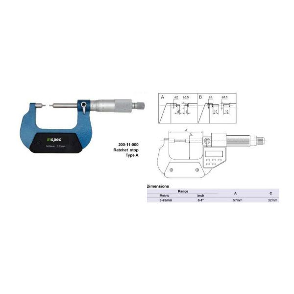 Inspec Spline Micrometer 0-25mm x .01mm Type B anvils accuracy .004mm, 200-11-200
