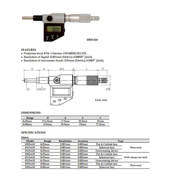 Inspec Micrometer head 0303-410 Range 0-1"/0-25mm Resolution .00005"/.001mm