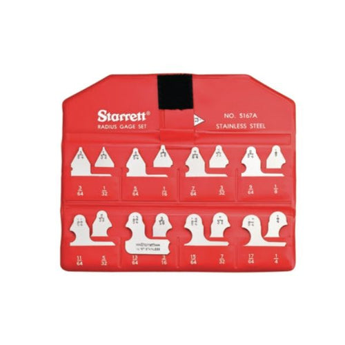 Starrett S167AZ Radius Gauge Inch Set without Holder features 1/32-17/64" radii range, 64ths increments, and 16 gauges. SET, 1/32-17/64" by 64ths, 16 Gauges without 110 Holder.
