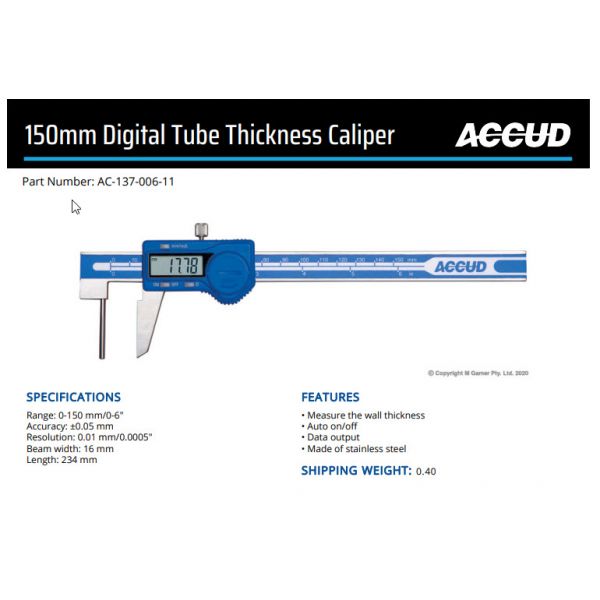 Accud Tube Thickness Digital Calipers , Resolution 0.01/.0005″ Accuracy ±0.05mm, Data Output 137-006-11