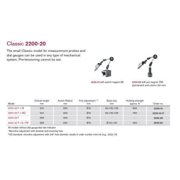 FISSO Classic Line Model: 3300-28 F + M - 3D articulated gauging arm with on off magnet 3328.10, 8mm Stem. Indicator Not supplied