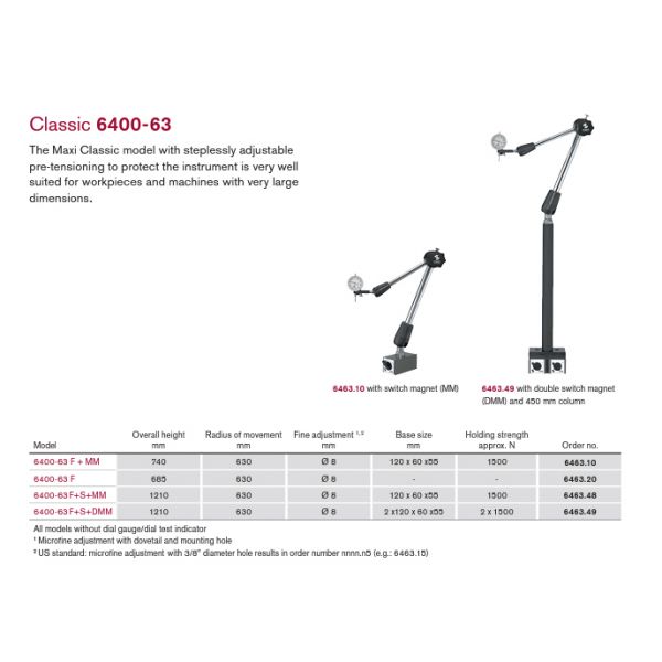 FISSO 6463.10 Classic Line Model: 6400-63 F + MM - 3D articulated gauging arm with on off magnet,  8mm, Indicator Not supplied
