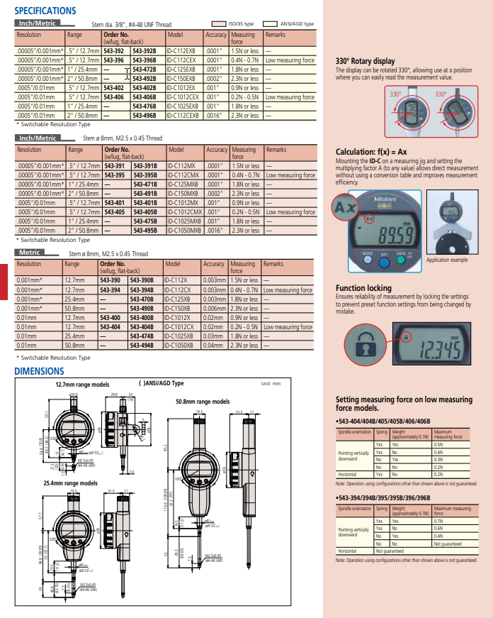Mitutoyo 543-494B, IDC Digimatic Indicator, Metric Only Resolution 0.01mm X 50.8mm, 8mm Stem, Flat Back Force 2.3N or less, Accuracy 0.02mm