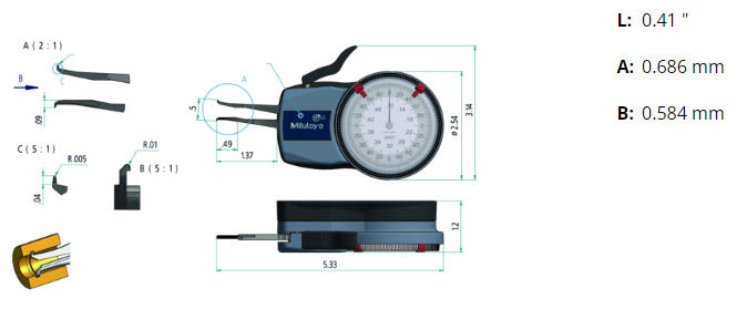 Mitutoyo Metric Internal Dial Caliper Gauge .1-.5" x .0002" 209-350 (Kroeplin Equivalent H602)