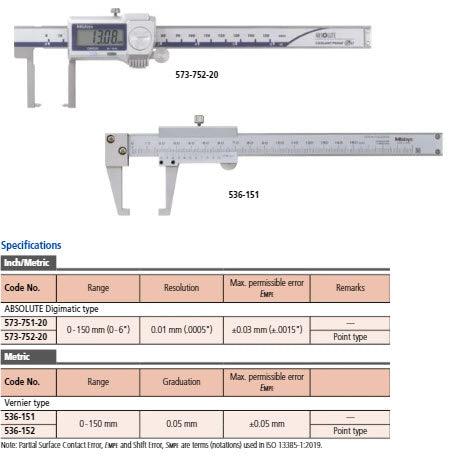 Mitutoyo Vernier Neck Caliper Point Jaw Outside 0-150mm, 0,05mm, Metric 536-152