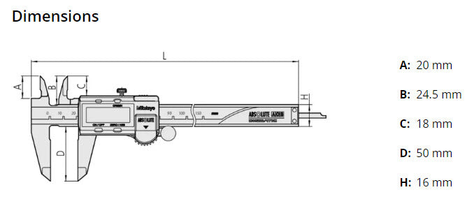 Mitutoyo Digital ABS AOS Caliper, ID/OD Carbide Jaws internal and External 0-150mm 500-155-30