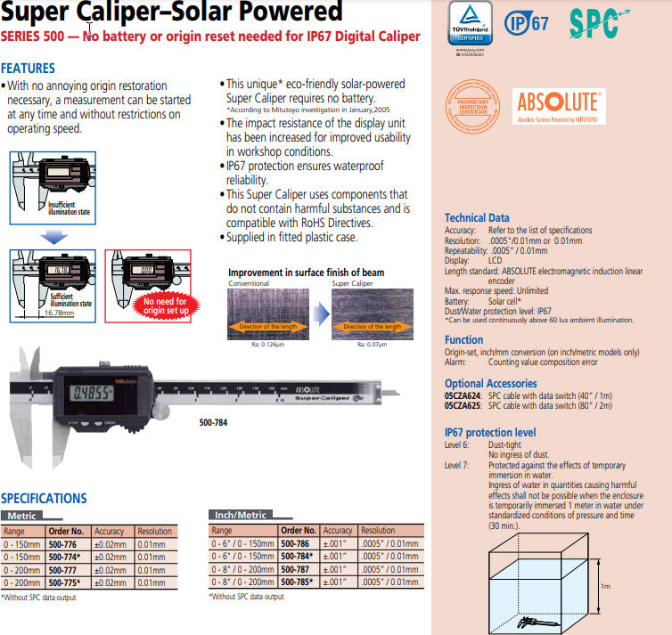 Mitutoyo Digital Solar Caliper, 0-150mm x .01mm No Output, Square Depth Rod & Thumb Roller 500-774