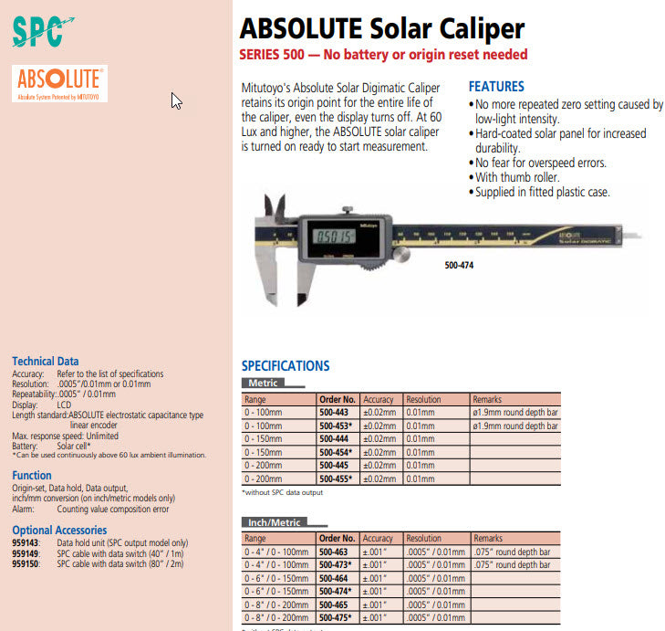 Mitutoyo Digital Solar Caliper, 0-150mm/0-6" No Output, Square Depth Rod & Thumb Roller 500-474
