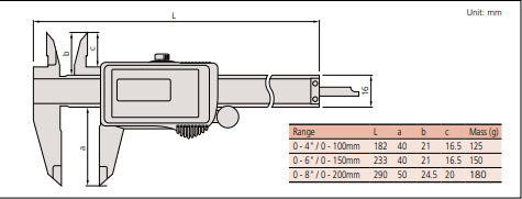 Mitutoyo Digital Solar Caliper, 0-150mm/0-6" No Output, Square Depth Rod & Thumb Roller 500-474