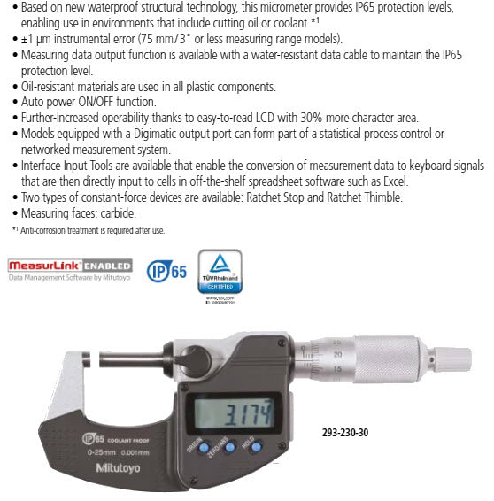 Mitutoyo Micrometer 1"/ 25.4mm IP65 Ratchet Stop-No SPC 293-340-30