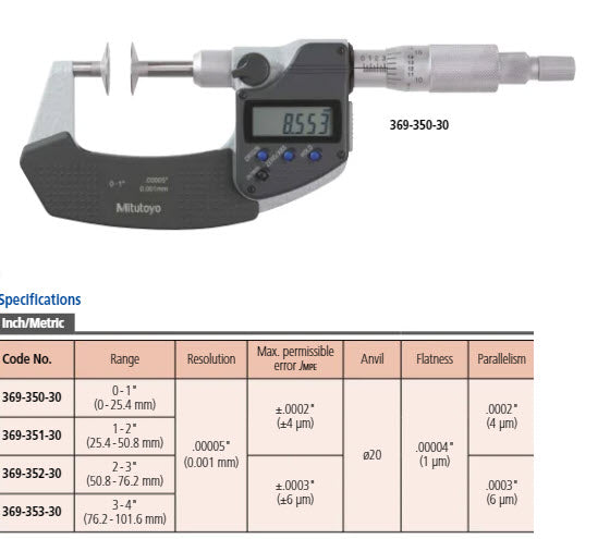 Mitutoyo Digital Disc Micrometer Inch/Metric, 0-1", Non-Rotating Spindle, Disk=20mm 369-350-30 Flat Anvils no Central Recess