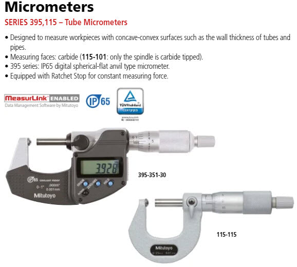 Tube Micrometer, Spherical Anvil 0-25mm 115-115