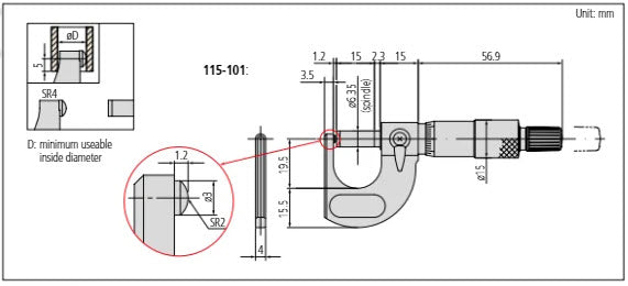 Tube Micrometer, Spherical Anvil 0-25mm 115-115