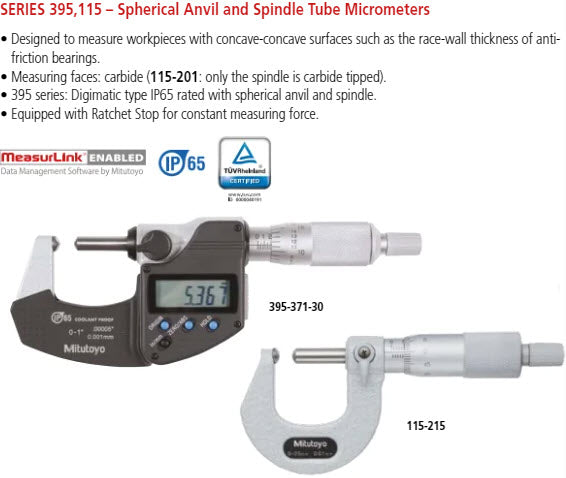 Mitutoyo Digital Tube Microm. Sph. Anvil/Spindle Inch/Metric, 0-25mm/0-1", IP65 395-371-30