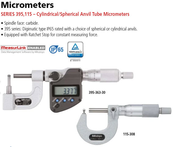 Tube Micrometer Cylindrical Anvil Flat Spindle, 0-1" 115-314