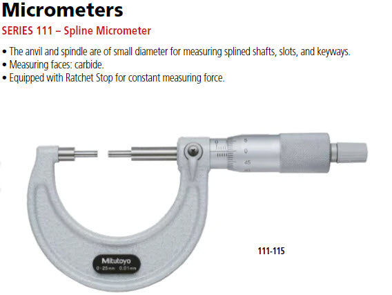 Spline Micrometer 0-25mm, 3mm Measuring Face 111-115