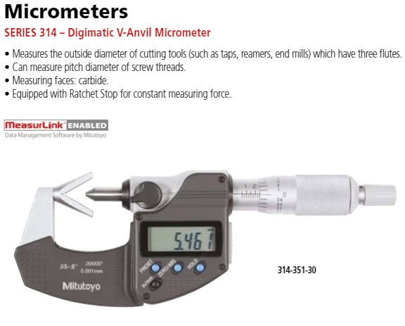 Mitutoyo Digital 3 Flute V-Anvil Micrometer 1.27-15.24mm/0,05-0,6", with Groove 314-351-30