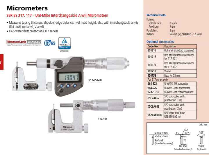 Mitutoyo Digital Interchangeable Anvil Micrometer Inch/Metric, 0-25mm/0-1", IP65 317-351-30