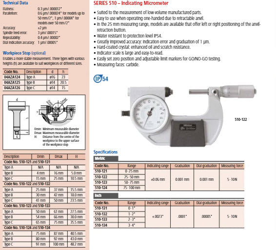 Mitutoyo Indicating Micrometer with Button Left 510-132 Range 1-2"