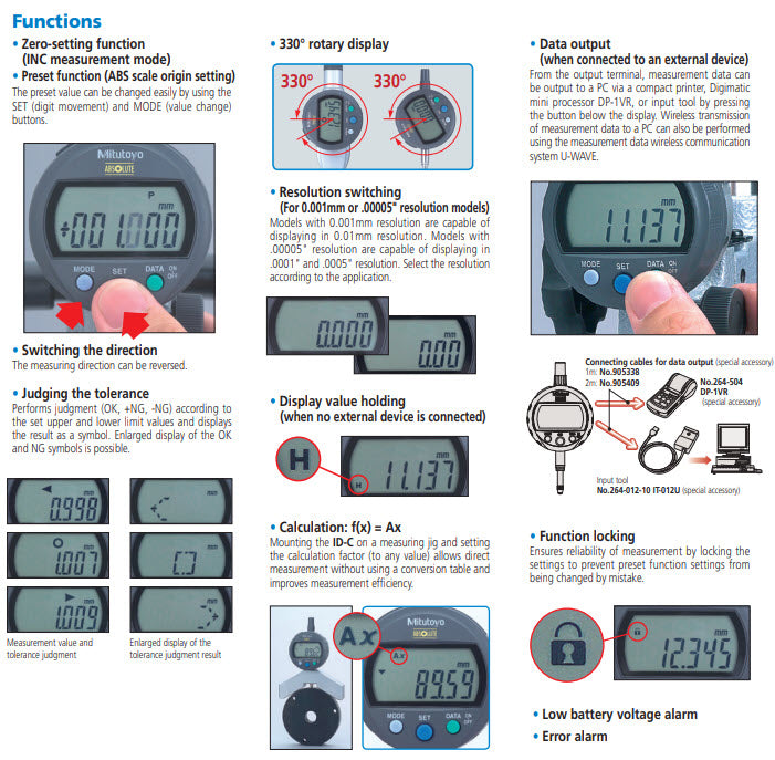 Mitutoyo 543-395B, Low Force IDC Digimatic Indicator, Resolution .00005"/.0001"/.0005"/0.001mm/0.01mm Range .5"/12.7mm, 8mm Stem, Flat Back Force 0.4N-0.7N