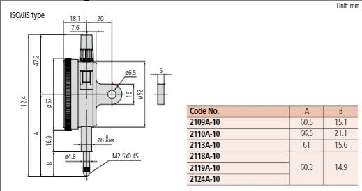 Dial Gauge, Flat Back, ISO Type IP64, Jewelled Bearing, Shockproof, 1mm, 0,001mm 2110AB-70