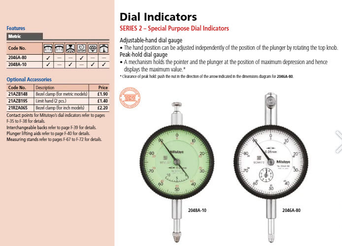 Dial Gauge, Lug Back, ISO Type Adjustable Pointer Type, 10mm, 0,01mm 2048A-10
