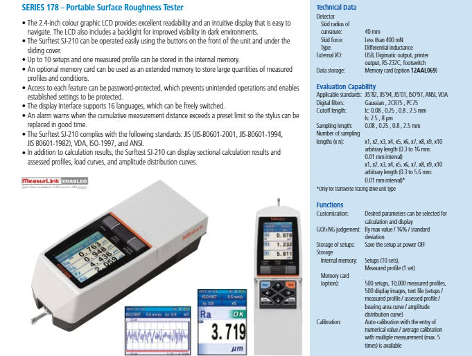 Mitutoyo 178-565-11E Surftest SJ-210 Surface Roughness Tester [inch/mm] “R2µm; .75mN” Range 16mm Traverse Type