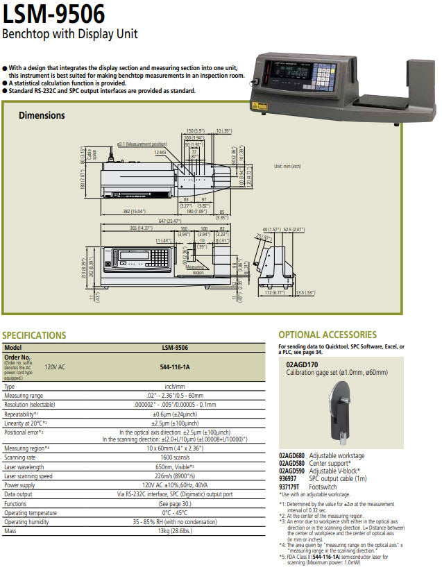 MODEL Mitutoyo 544-116E Laser Scan Micrometer LSM-9506 : 0.5-60mm/0.02-2.36" Resolution : 0.00005-0.1mm/0.000002-0.005"