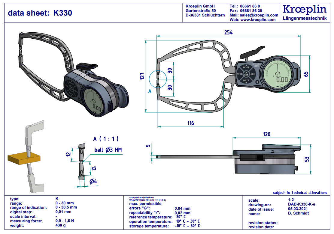 Kroeplin Digital External Caliper Gauge 0-30mm, 0.001mm K330 ( Mitutoyo Equivalent 209-951)