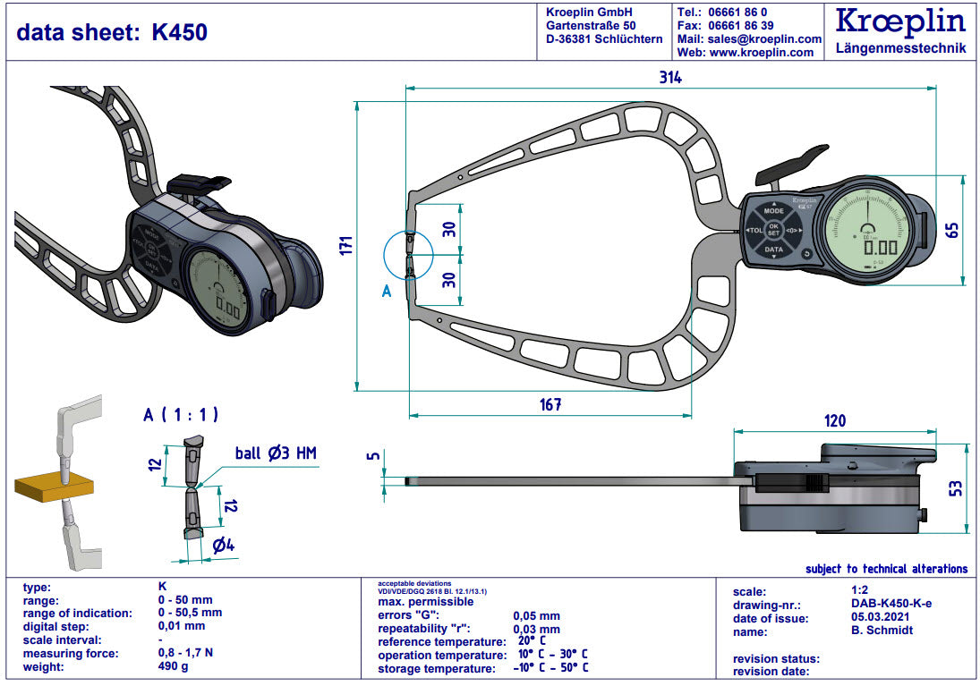 Kroeplin Digital External Caliper Gauge 0-50mm, 0.001mm K450 (Mitutoyo Equivalent 209-954)